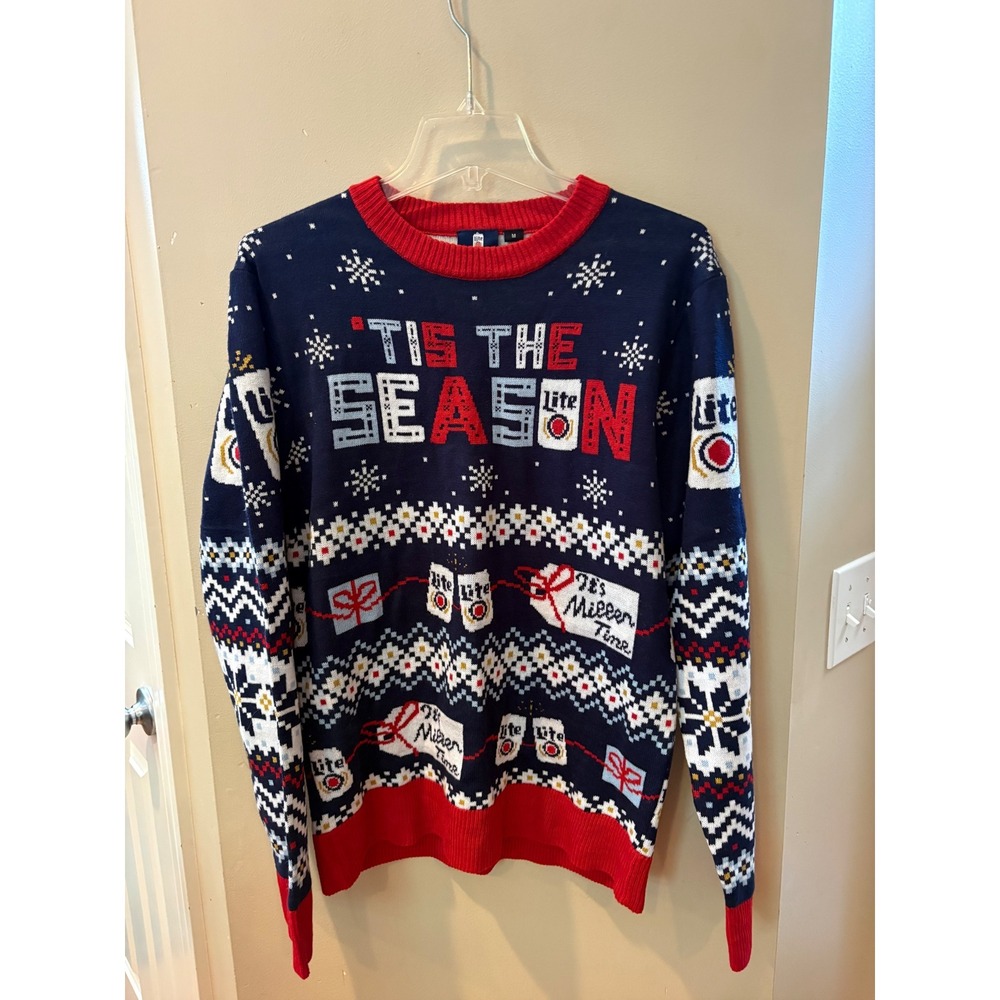Miller Lite Tis The Season Ugly Christmas Sweater Mens Medium Navy  Fair Isle